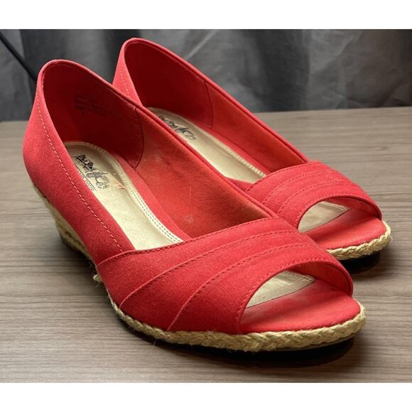 Coach and Four-Louise Espadrille Wedge Sz 8-Red Canvas-Peep Toe Shoe Womens - Picture 1 of 10